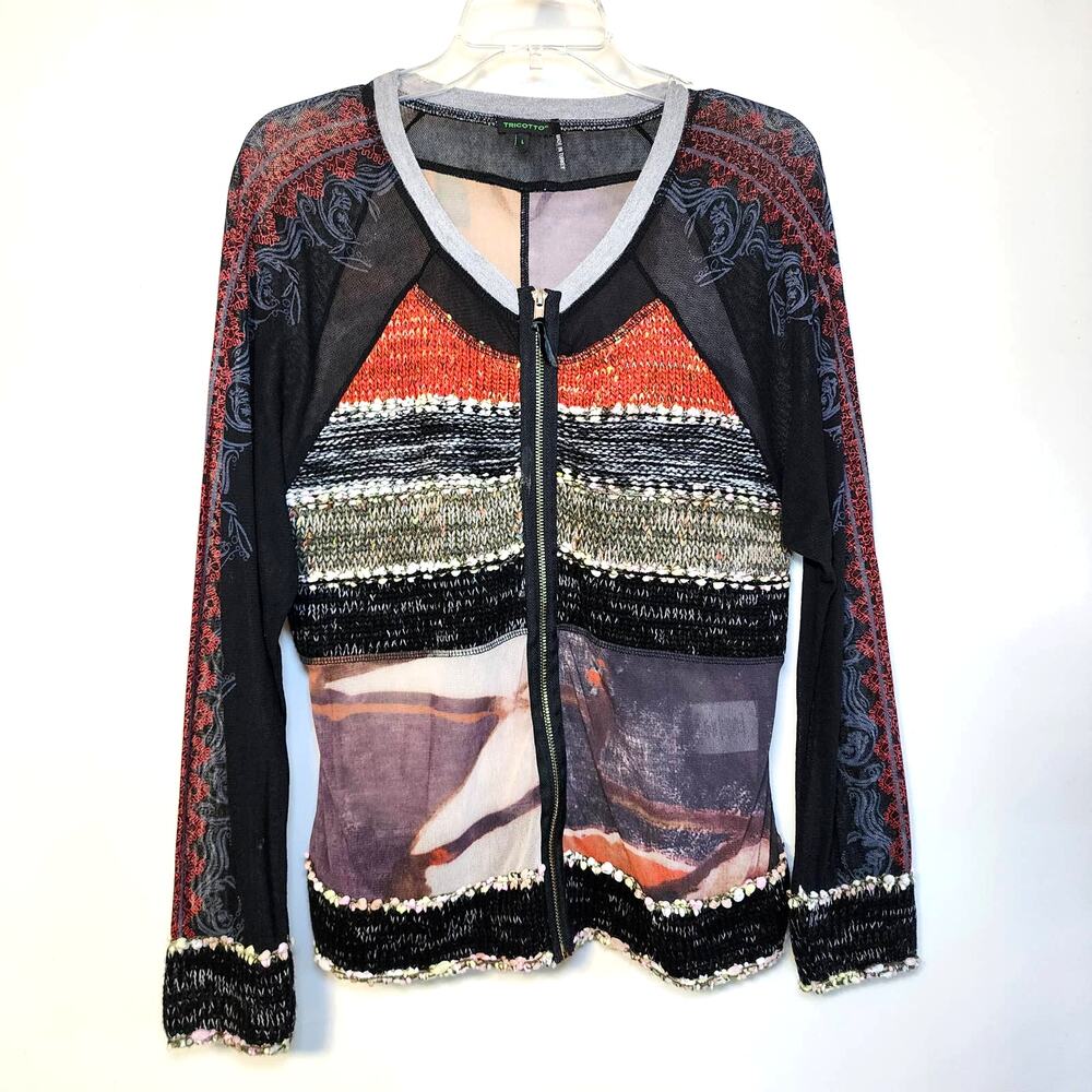 Boho Style Cardigan Sz L, Tricotto Sweater with Mesh Detail, Turkish Made